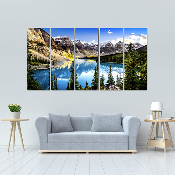 3 and 5 Panel Moraine Lake and Mountain Range Alberta Canada Landscape Mountain & Lake image 1
