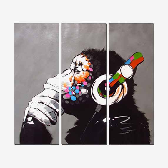 DJ Monkey Thinker Headphones 3 and 5 Panel Gorilla Monkey Music Canvas Wall Print image 1