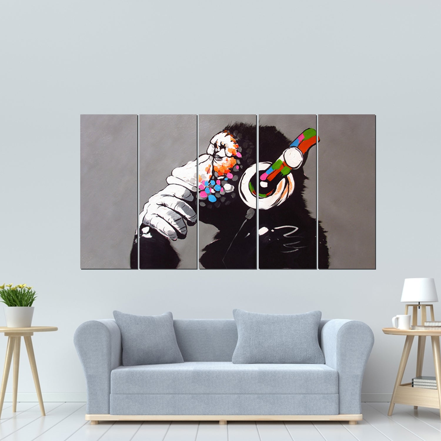 DJ Monkey Thinker Headphones 3 and 5 Panel Gorilla Monkey Music Canvas Wall Print - 5 Panel (16"x40" each) image