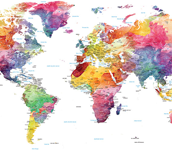 Multi Color - World Map canvas frame with multi color push pin and personalized name and text image 1