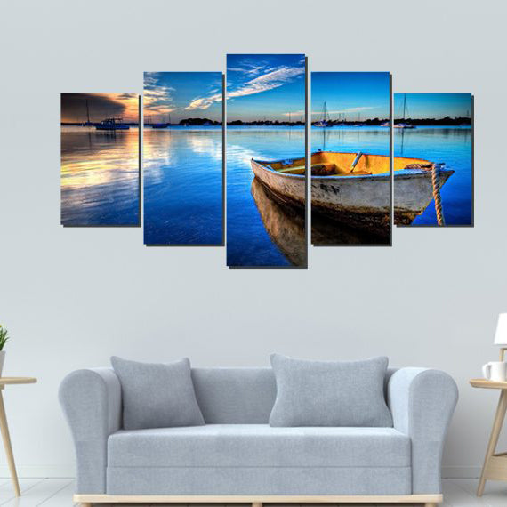 5 Panels Canvas Print  Wall Art Boat at Blue Sea Picture Prints on Canvas Modern Landscape