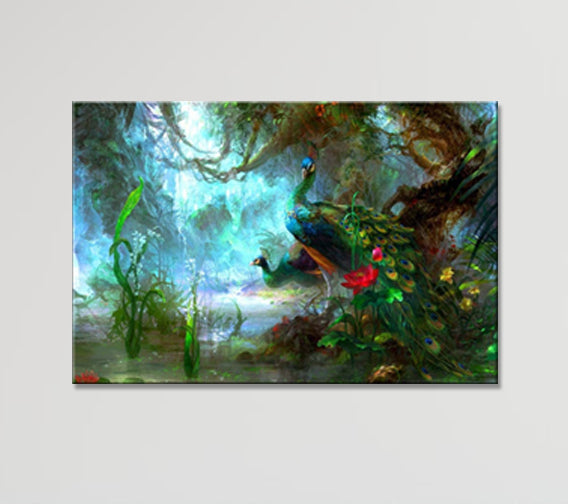 Two Peacocks Walk in Forest Pictures Print On Canvas Animal The Picture for Home Modern Decoration image 1