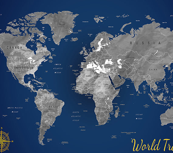 Blue and Grey - World Map canvas frame multi color push pin with personalized name and text image 1