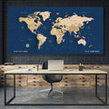 Blue  - World Map canvas frame with multi color push pin and personalized name and text