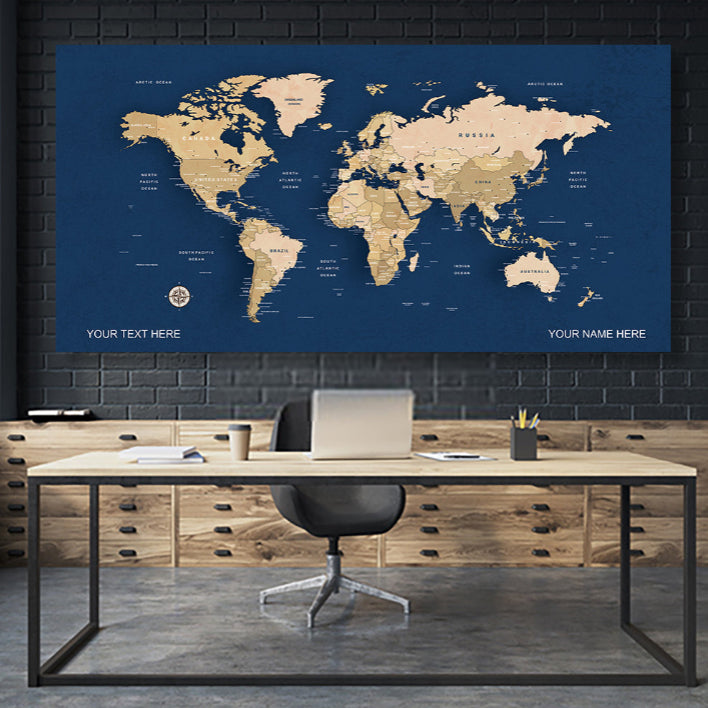 Blue  - World Map canvas frame with multi color push pin and personalized name and text