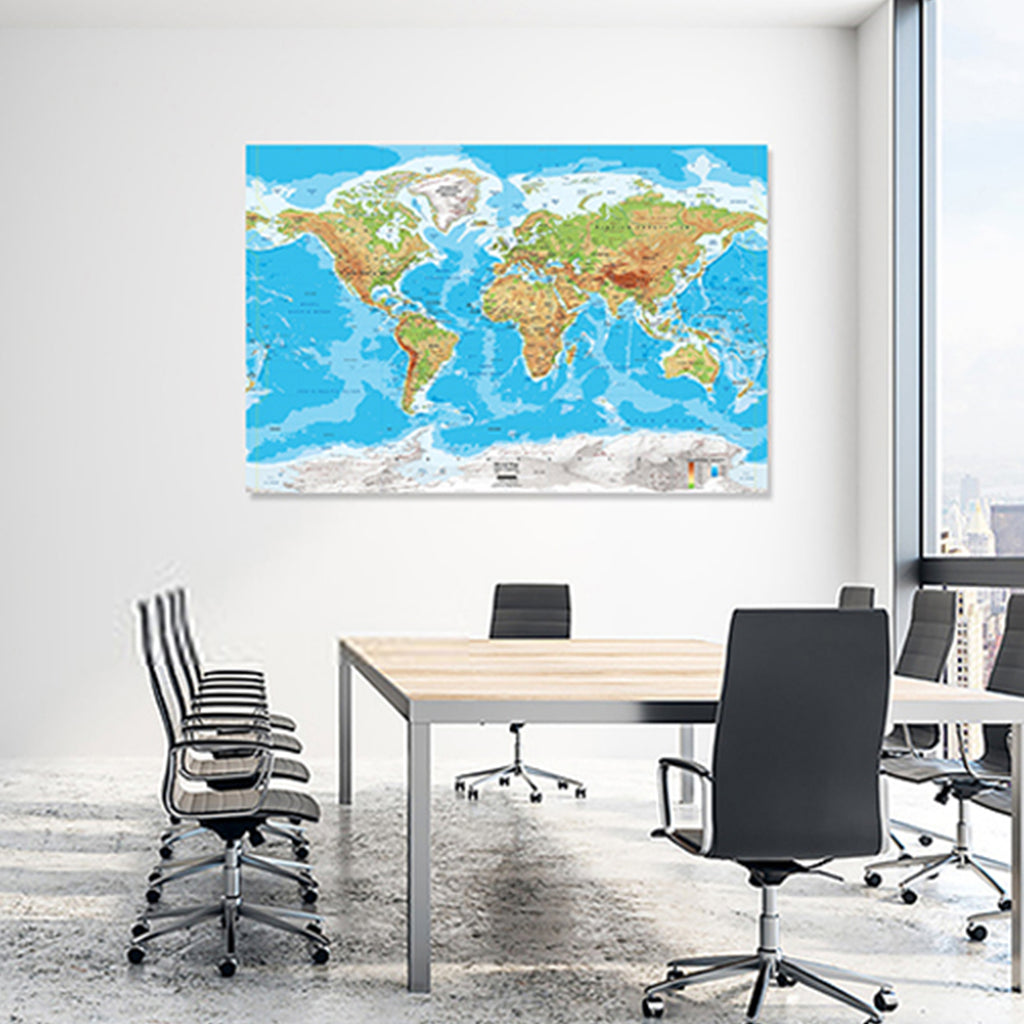 Blue Green - World Map canvas frame with multi color push pin and personalized name and text