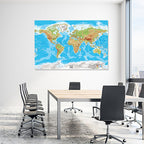 Blue Green - World Map canvas frame with multi color push pin and personalized name and text