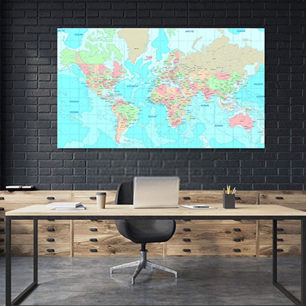 Blue Green Orange - World Map canvas frame with multi color push pin with name and text