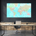 Blue Green Orange - World Map canvas frame with multi color push pin with name and text