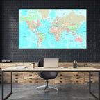 Blue Green Orange - World Map canvas frame with multi color push pin with name and text