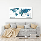 Blue World Push Pin Map, Canvas Frame with multi color push pin personalized name and text