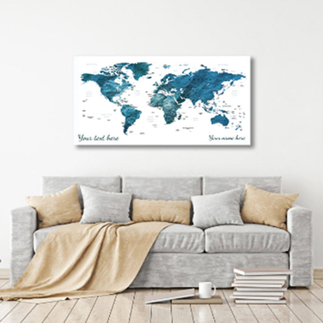 Blue World Push Pin Map, Canvas Frame with multi color push pin personalized name and text