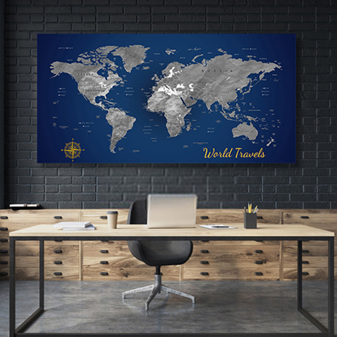 Blue and Grey - World Map canvas frame multi color push pin with personalized name and text