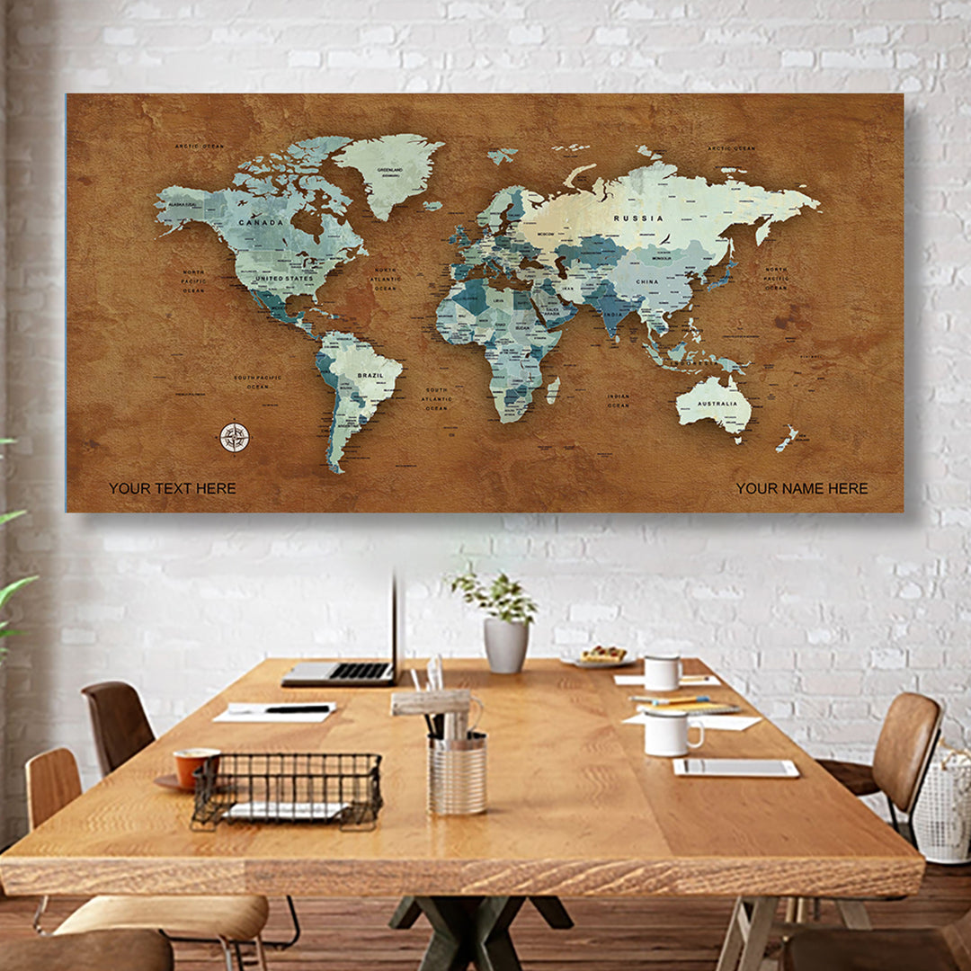 Brown Style World Map Canvas, Push Pin World Travel Map, Personalized Large World Map, DIY Push Pin Travel Map Canvas