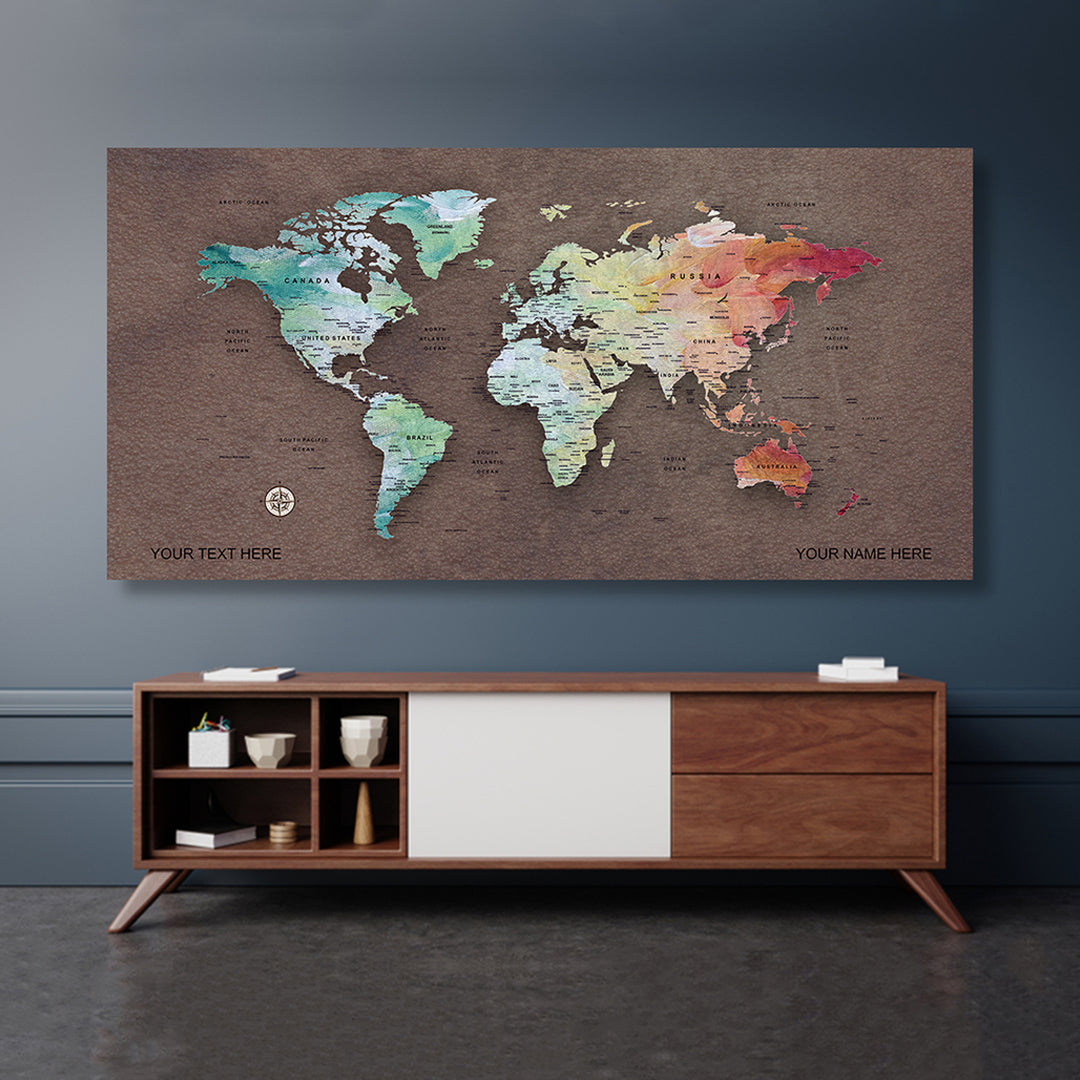 Burnt Sienna World Map Canvas, Push Pin World Travel Map, Personalized Large World Map