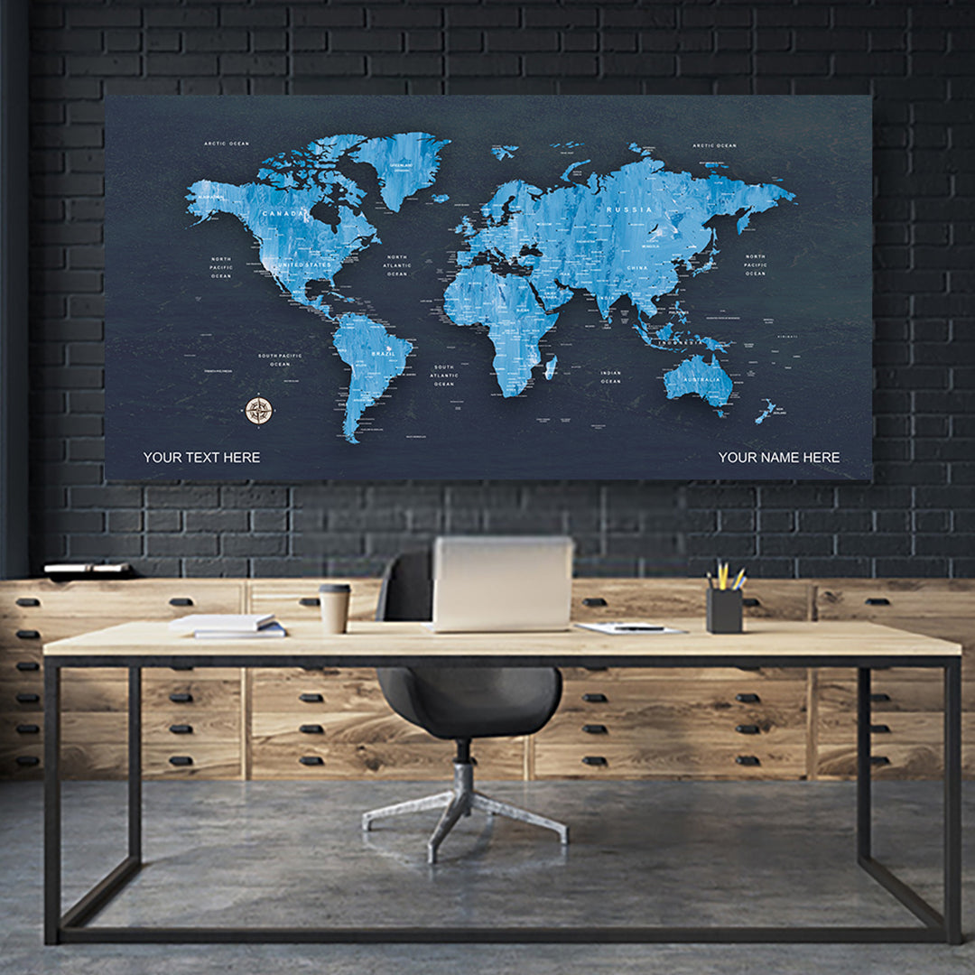 Cobalt Blue World Map Canvas, Push Pin World Travel Map, Personalized Large World Map, DIY Push Pin Travel Map Canvas