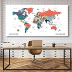 Colorful World Map Canvas, Push Pin World Travel Map, Personalized Large World Map, DIY Push Pin Travel Map Canvas