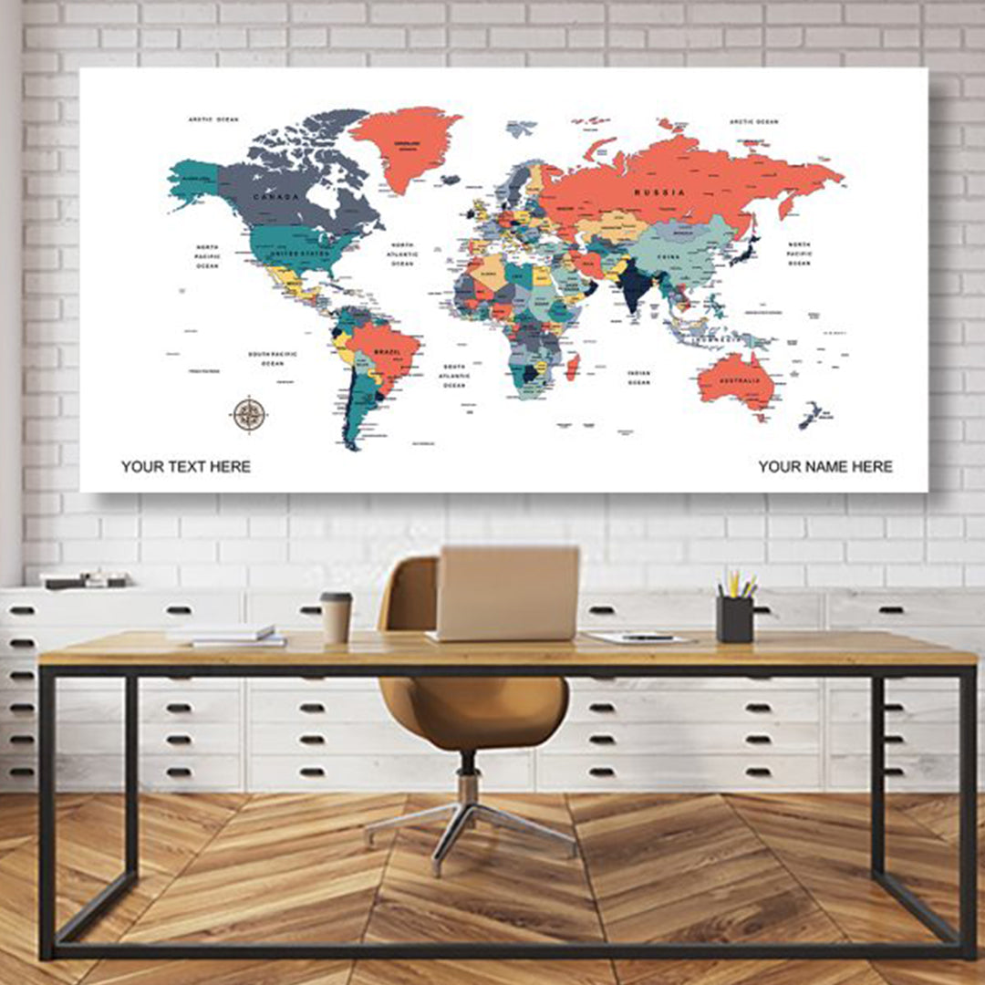 Colorful World Map Canvas, Push Pin World Travel Map, Personalized Large World Map, DIY Push Pin Travel Map Canvas