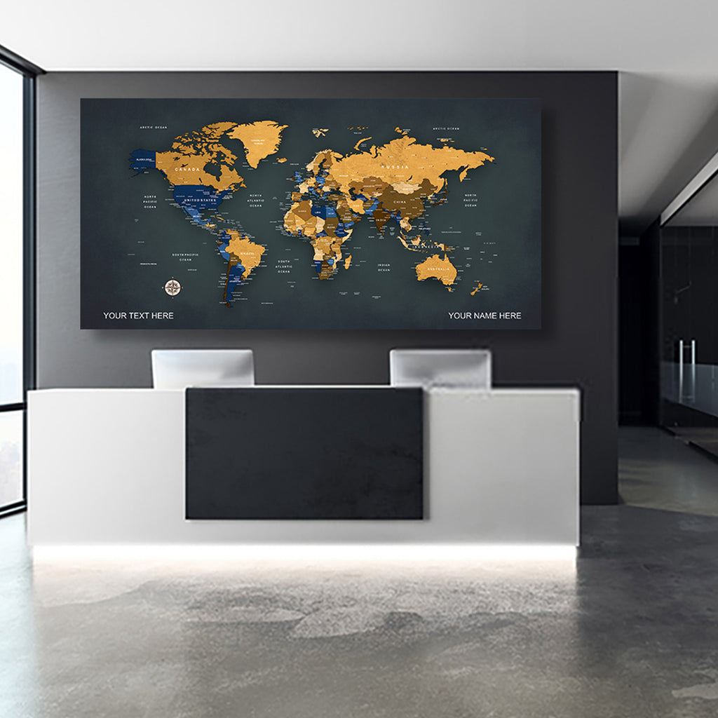 Gunmetal Colorful  World Map Canvas, Push Pin World Travel Map, Personalized Large World Map, DIY Push Pin Travel Map Canvas