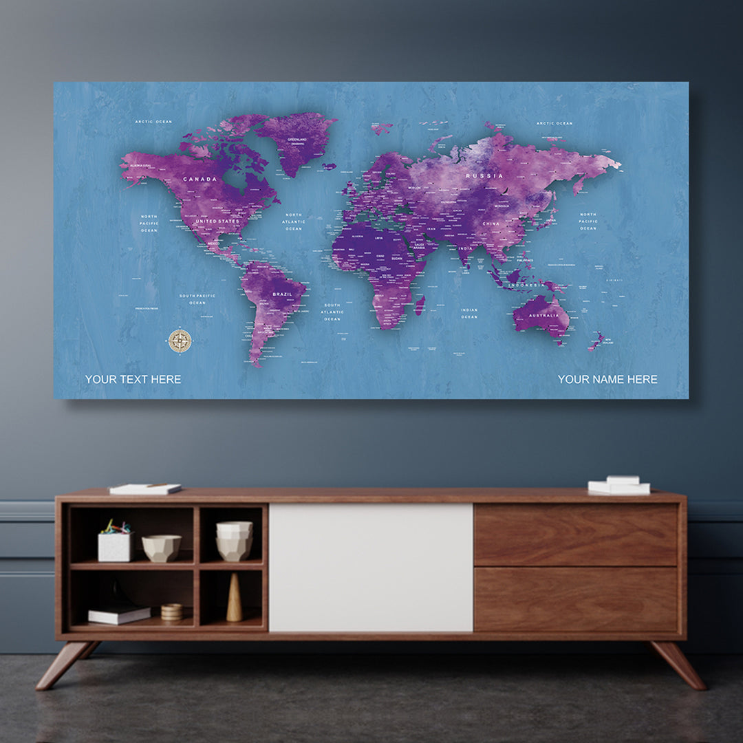 Light Blue  World Map Canvas, Push Pin World Travel Map, Personalized Large World Map, DIY Push Pin Travel Map Canvas