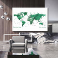 Green - World Map canvas frame with multi color push pin and personalized name and text