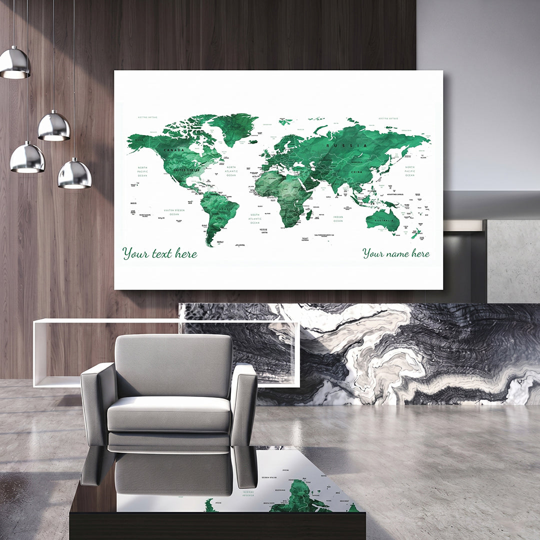 Green - World Map canvas frame with multi color push pin and personalized name and text