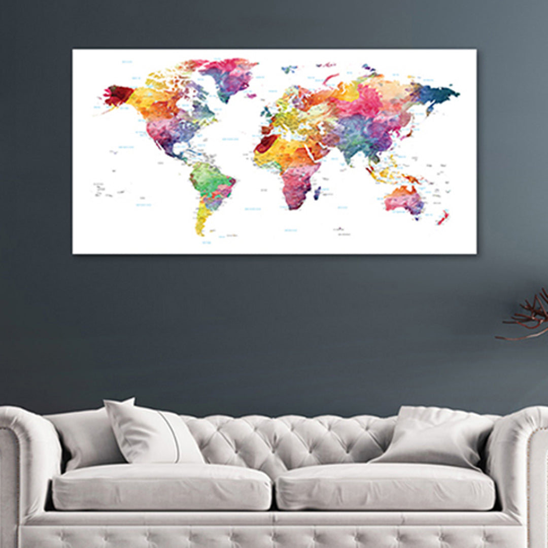 Multi Color - World Map canvas frame with multi color push pin and personalized name and text