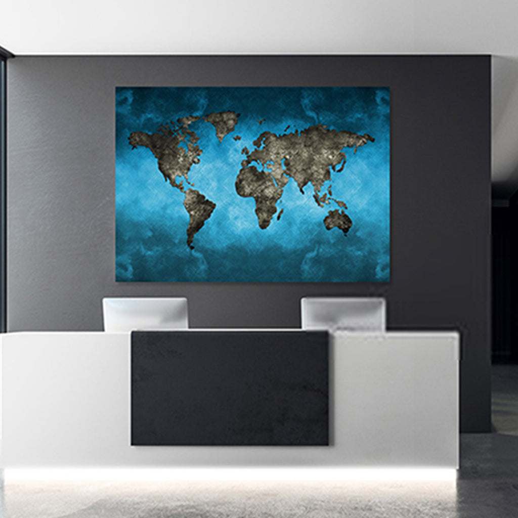 Navy Blue - World Map canvas frame with multi color push pin and personalized name and text