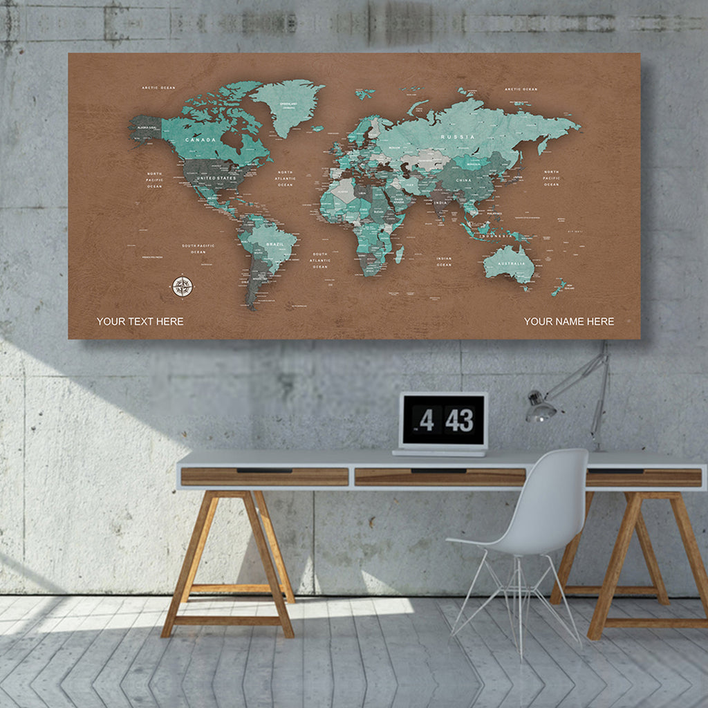 Pale Green World Map Canvas, Push Pin World Travel Map, Personalized Large World Map, DIY Push Pin Travel Map Canvas