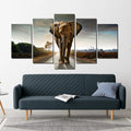 The Elephant on the road - 5 Panel Stretched Canvas Wall Art Print