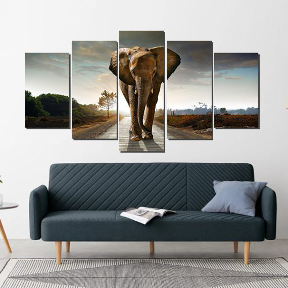 The Elephant on the road - 5 Panel Stretched Canvas Wall Art Print