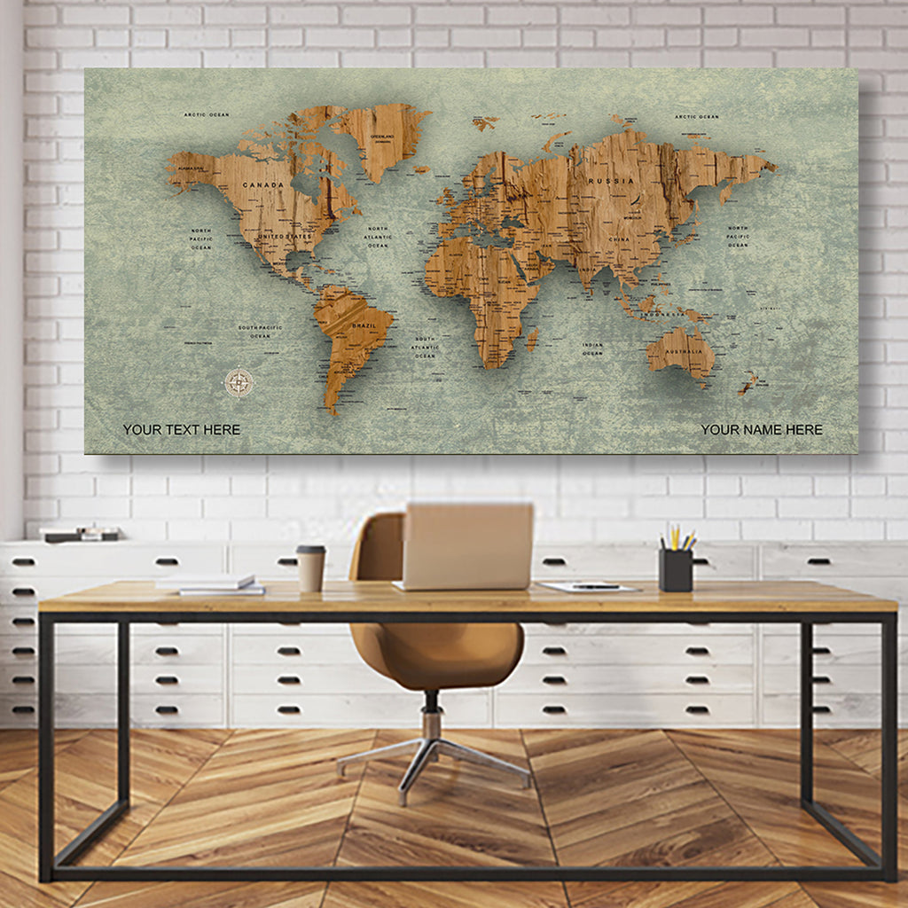 Wood Style World Map Canvas, Push Pin World Travel Map, Personalized Large World Map, DIY Push Pin Travel Map Canvas