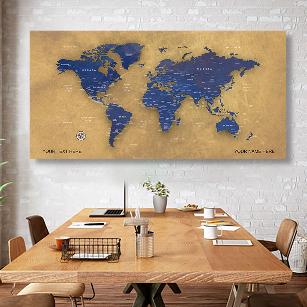 Yellow Ochure World Map Canvas, Push Pin World Travel Map, Personalized Large World Map, DIY Push Pin Travel Map Canvas