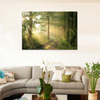 Night Glow Dirt Road Deciduous Forest Green Trees Foggy Morning Spring image 0