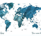 Blue World Push Pin Map, Canvas Frame with multi color push pin personalized name and text image 1
