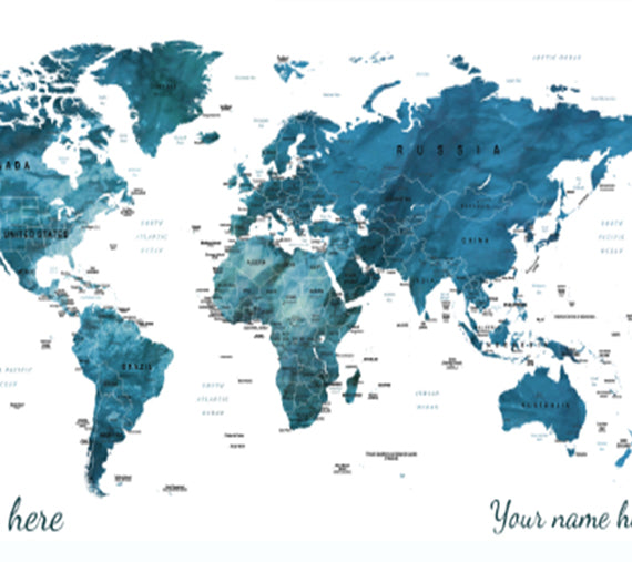 Blue World Push Pin Map, Canvas Frame with multi color push pin personalized name and text image 1