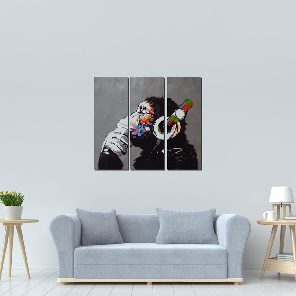 DJ Monkey Thinker Headphones 3 and 5 Panel Gorilla Monkey Music Canvas Wall Print - 3 Panel (12"x24" each) image