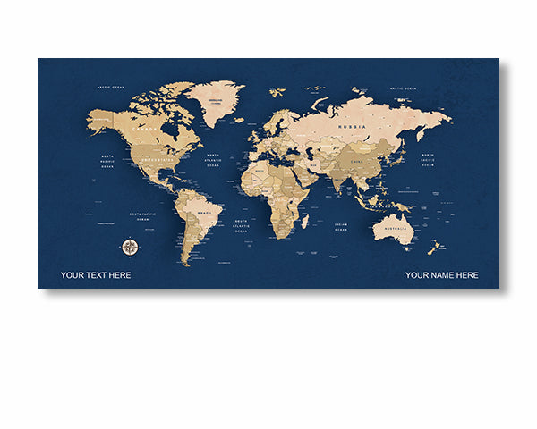 Blue  - World Map canvas frame with multi color push pin and personalized name and text image 1