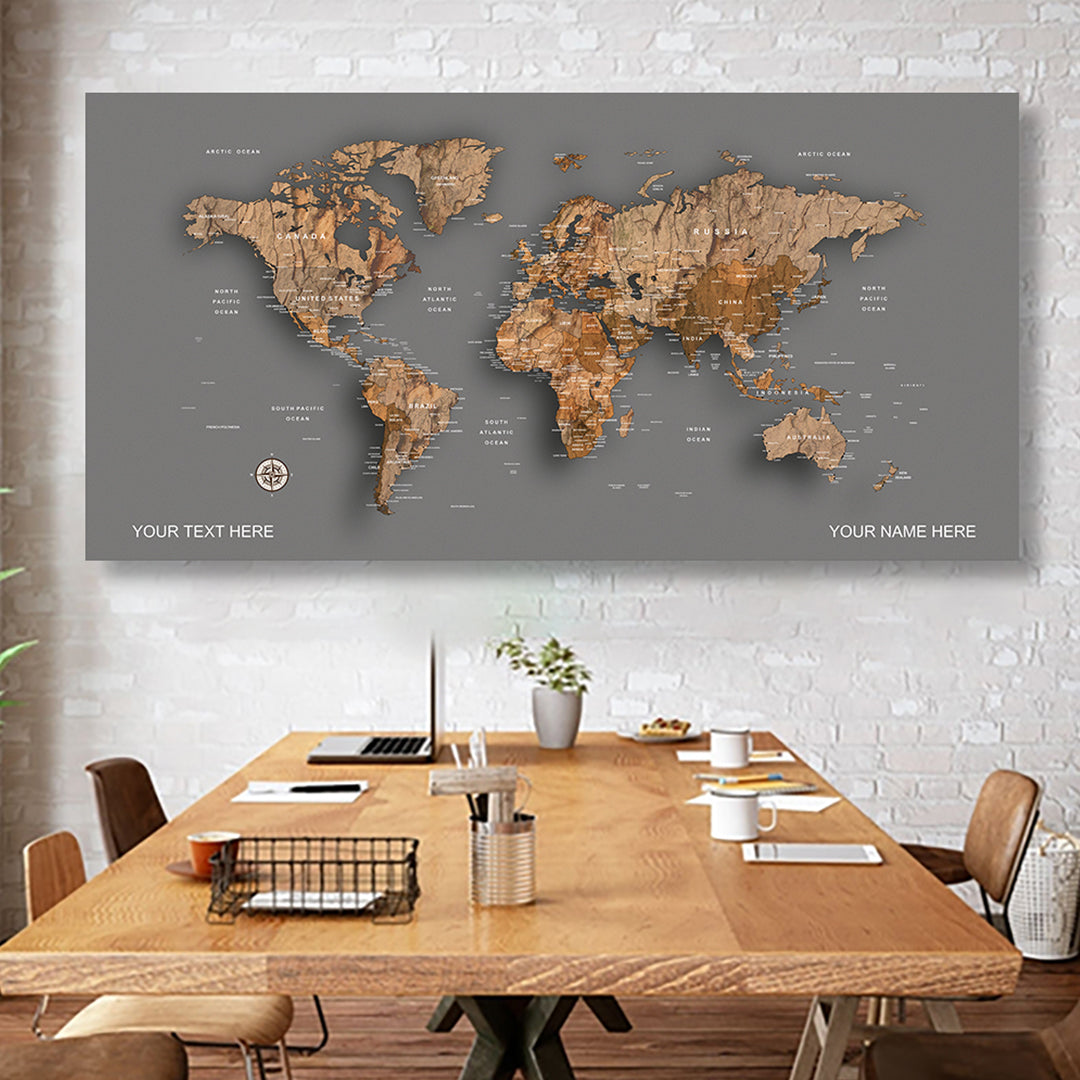 concord Wood  World Map canvas frame with multi color push pin and personalized name and text