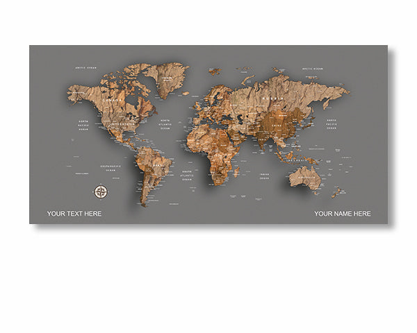 concord Wood  World Map canvas frame with multi color push pin and personalized name and text image 1