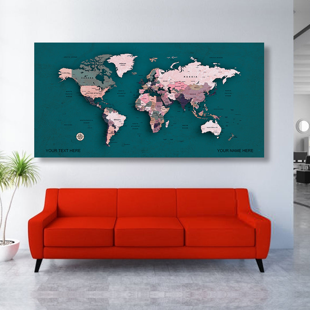 teal Colorful World Map Canvas, Push Pin World Travel Map, Personalized Large World Map, DIY Push Pin Travel Map Canvas
